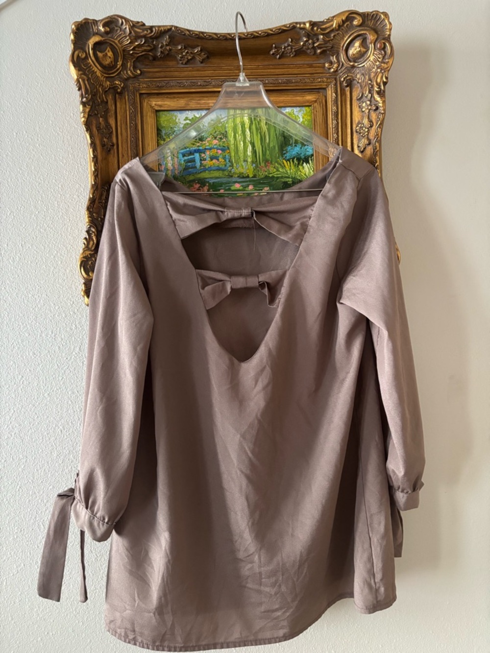 Charming Charlie Dusty Taupe Tie-Sleeve Blouse
